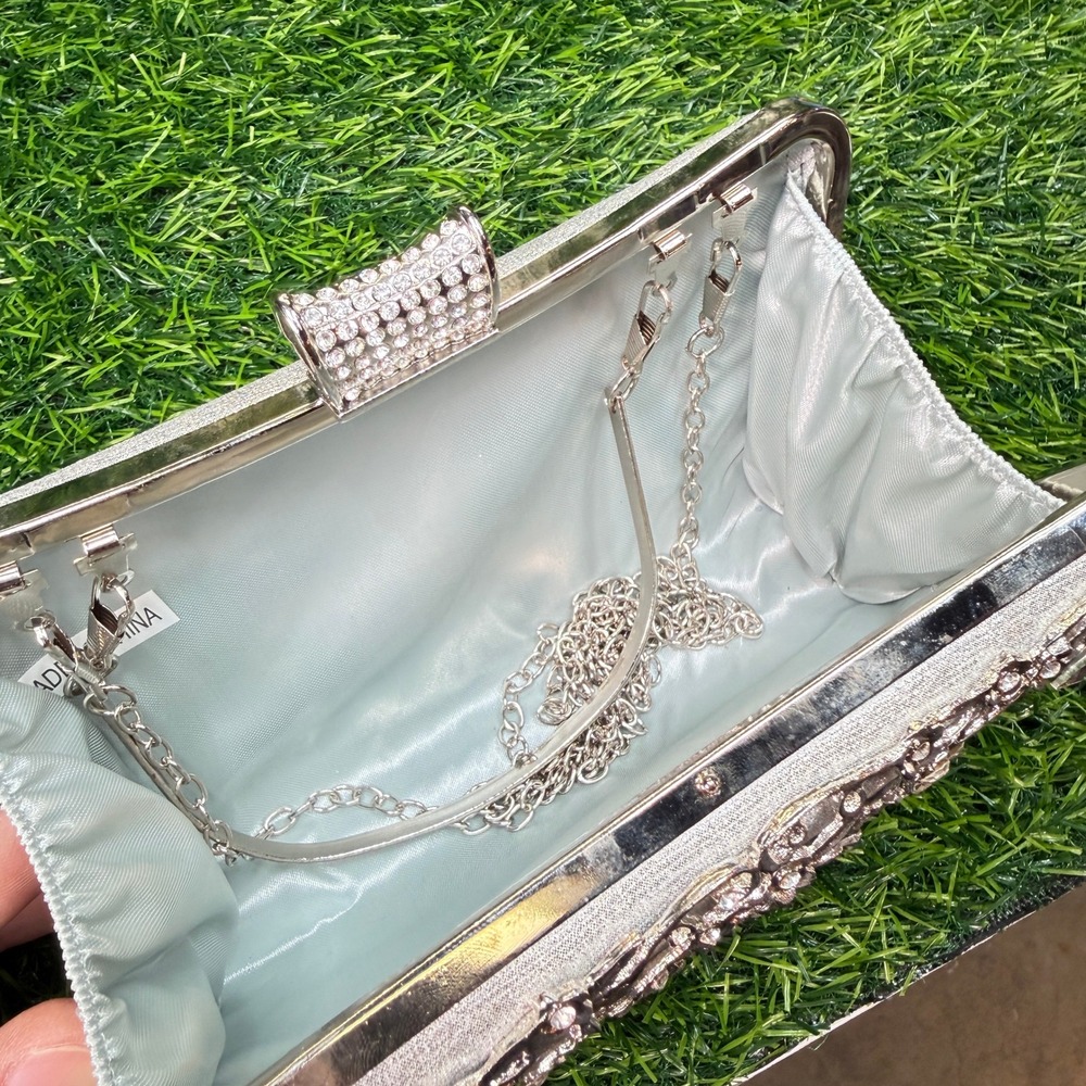 Rhinestone Evening Clutch Women Small Silver Excellent Floral Crystal - Picture 8 of 9